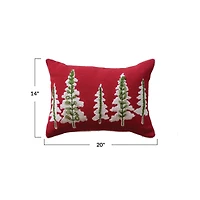 Hello Honey® 20" x 14" Red, Natural & Green Cotton Slub Lumbar Pillow with Embroidered Trees & Pom Pom Trim