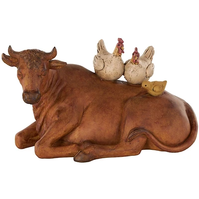 11.5" Copper Cow Decorative Sculpture with Sitting Roosters & Chicks