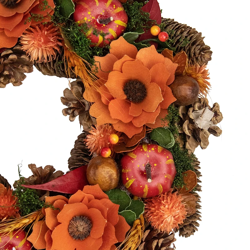 13.25'' Unlit Autumn Harvest Orange Flowers and Gourds Pine Cone Wreath