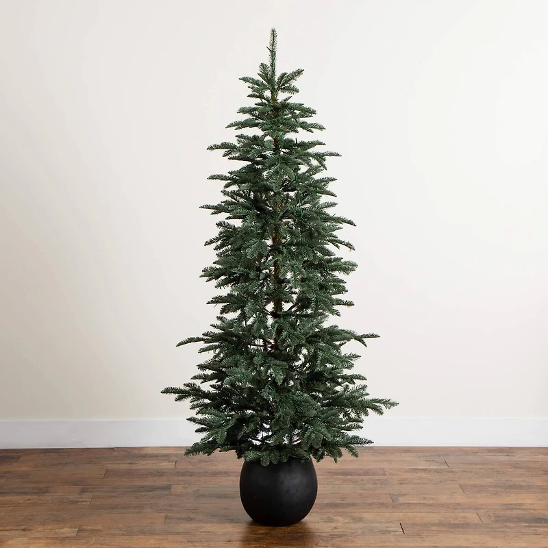 6ft. Pre-Lit Pine Artificial Christmas Tree in Black Decorative Planter with Warm White LED Lights