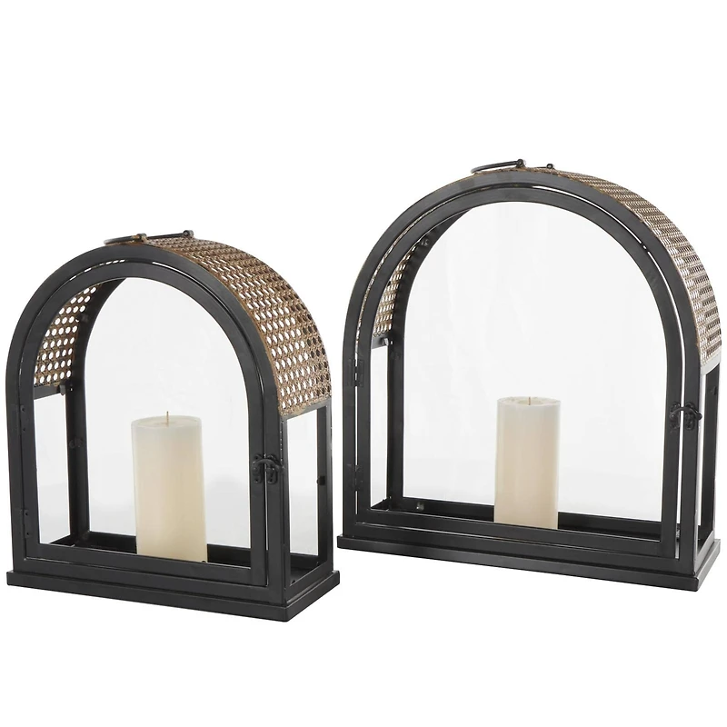 Gold Top Black Metal Arched Candle Lantern Set