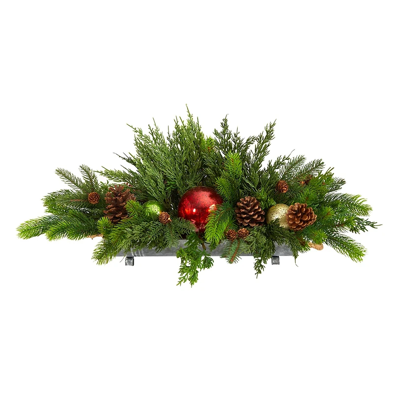 24" Cedar Pine, Pinecones & Ornaments Artificial Christmas Arrangement in Tin Vase