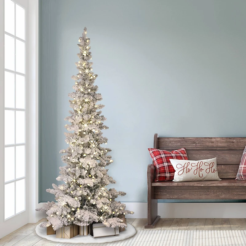 6.5 ft Pre-Lit Flocked Whistler Artificial Pine Tree, Warm White LED Lights