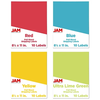 JAM Paper Assorted Bright Color Full Sheet Shipping Labels, 8.5" x 11"