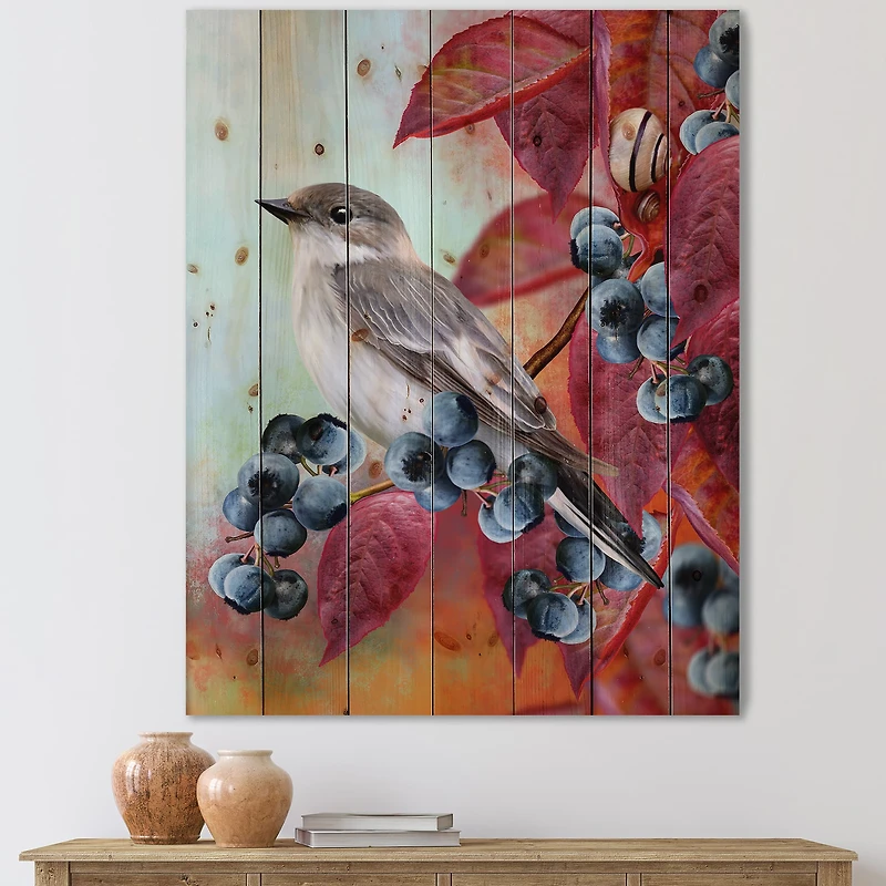 Designart - Little Gray Bird On Red Autumn On Blueberry Twig