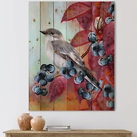 Designart - Little Gray Bird On Red Autumn On Blueberry Twig