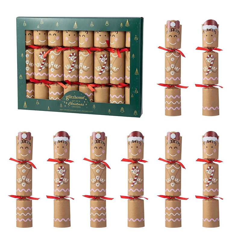 Glitzhome® 8PK 2"D x 12"H Gingerbread Man Christmas Party Crackers with Gift Contents