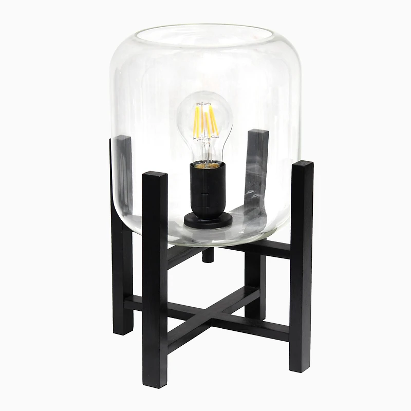 Simple Designs 13.5" Black Wood Mounted Table Lamp with Glass Cylinder Shade