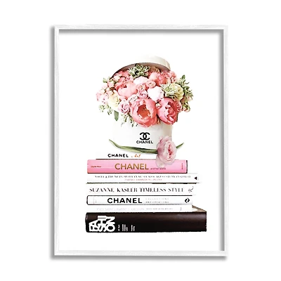Stupell Industries Pink Florals in Hat Box Glam Fashion Books in White Frame Wall Art
