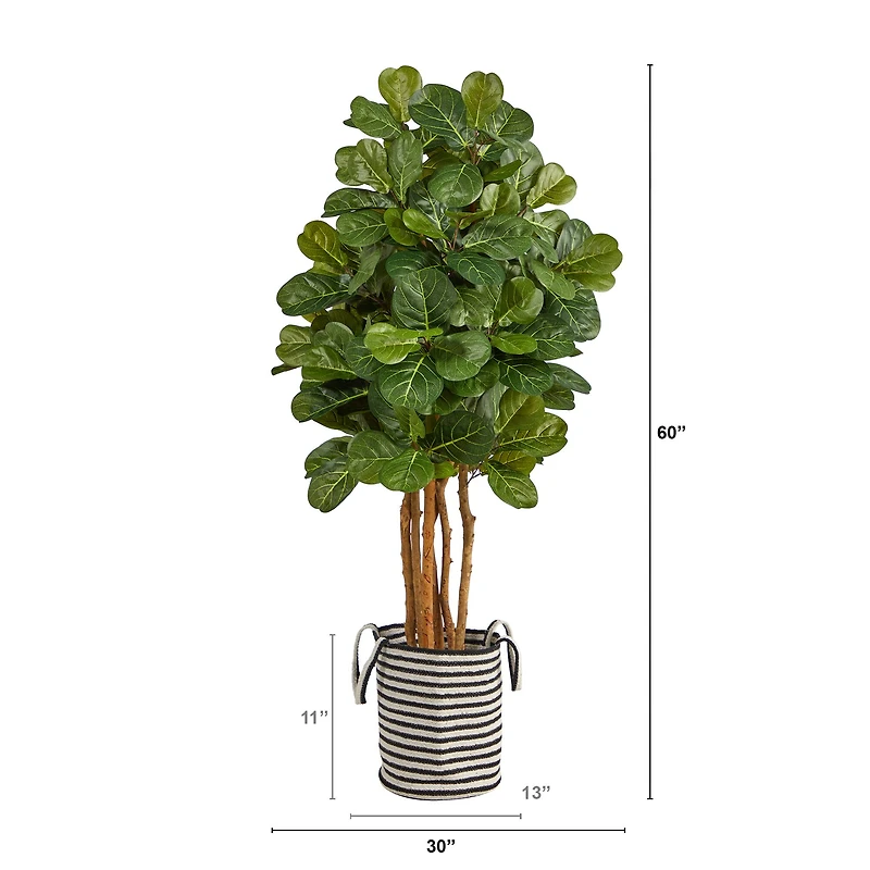 5ft. Fiddle Leaf Fig Artificial Tree in Handmade Black and White Natural Jute and Cotton Planter