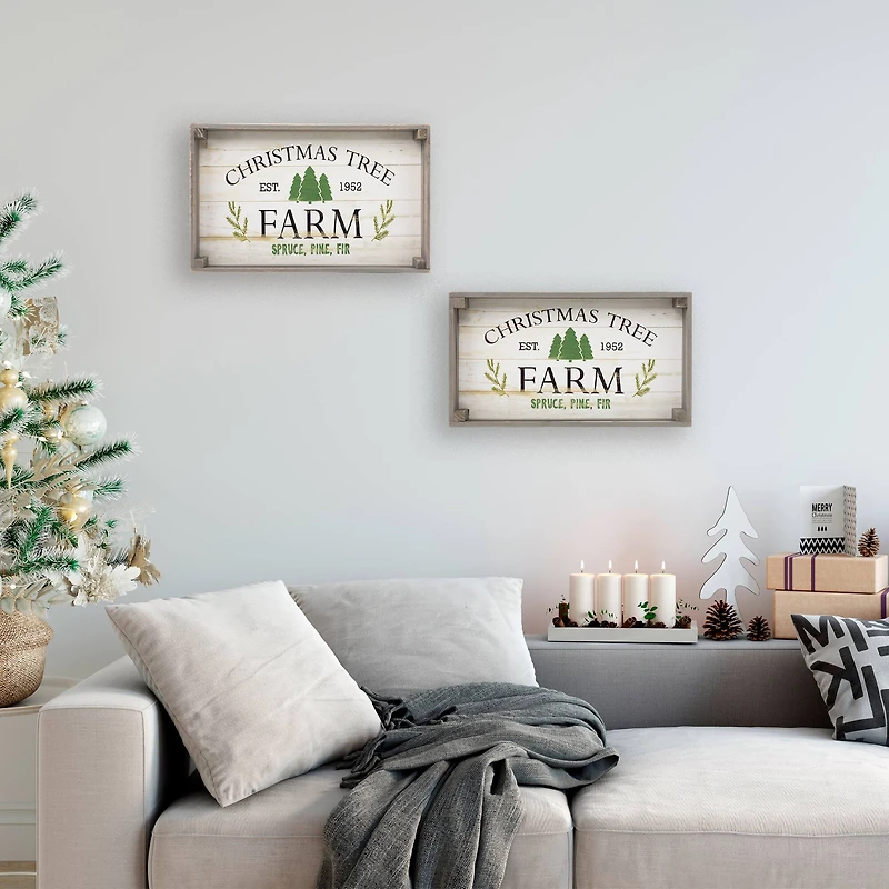 Gray & White Farm Fresh Christmas Trees Wooden Tray Hanging Sign Set