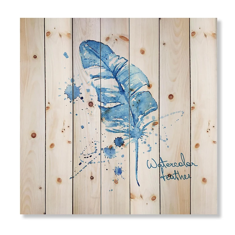 Designart - Ethnic Blue Feather - Bohemian & Eclectic Print on Natural Pine Wood