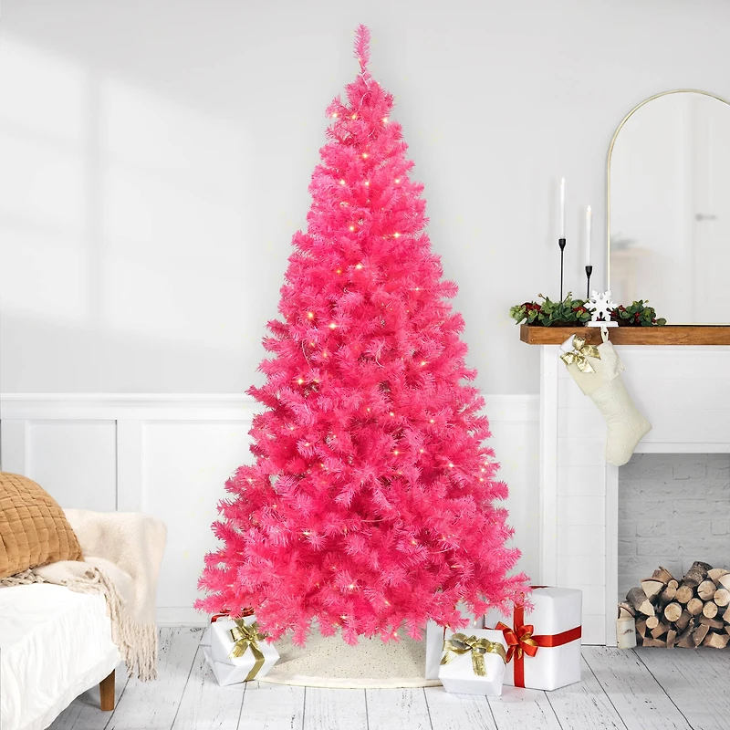 9ft. Pre-Lit Pink Tinsel Artificial Christmas Tree, Clear Lights