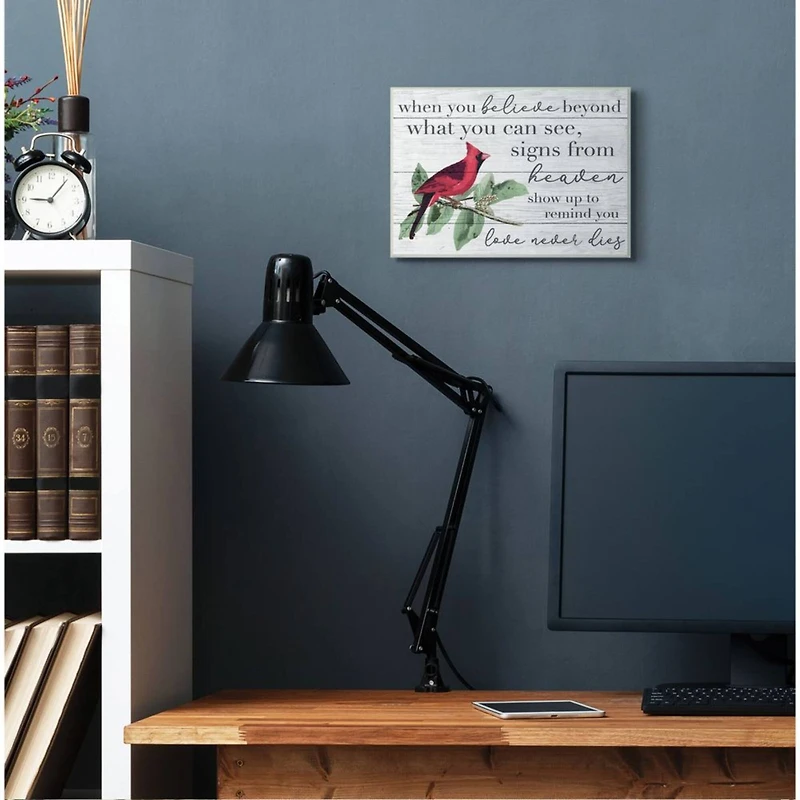 Stupell Industries Believe Love Never Dies Inspirational Cardinal Bird Word Design Wall Plaque