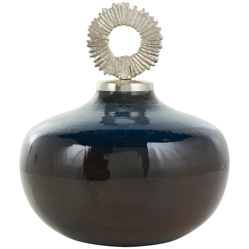 Blue Metal Ombre Decorative Jars with Brown Accents & Silver Ring Handles Set