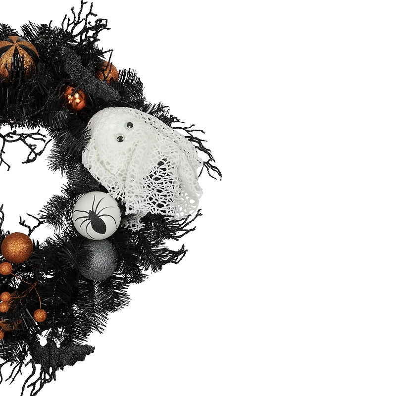 24'' Unlit Orange Ornaments and Ghost Halloween Pine Wreath