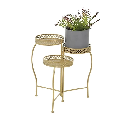 20" Gold Metal Curved Folding 3 Tier Plantstand with Floral & Scroll Patterns
