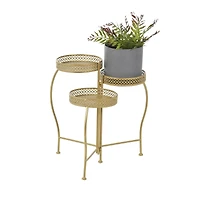 20" Gold Metal Curved Folding 3 Tier Plantstand with Floral & Scroll Patterns