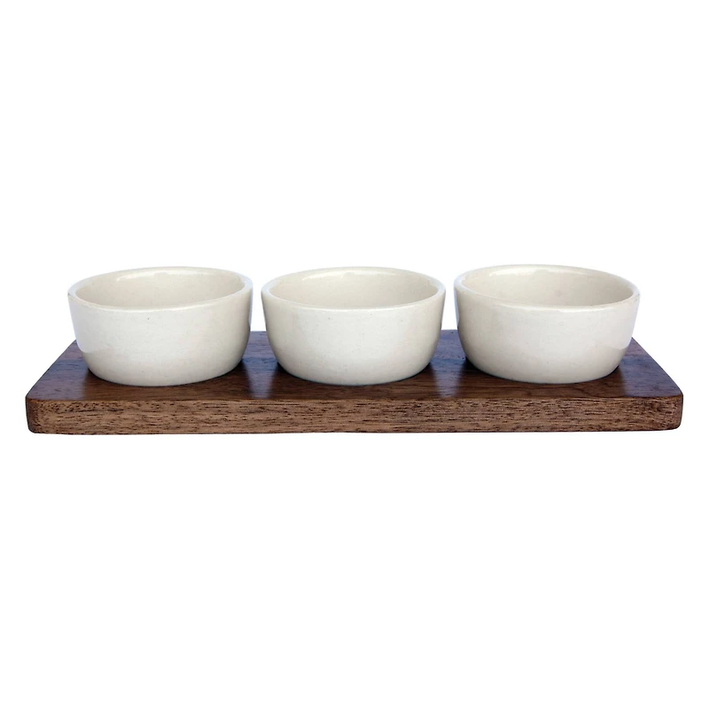 Hello Honey® Cream Stoneware Bowls & Natural Mango Wood Tray Set