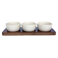 Hello Honey® Cream Stoneware Bowls & Natural Mango Wood Tray Set