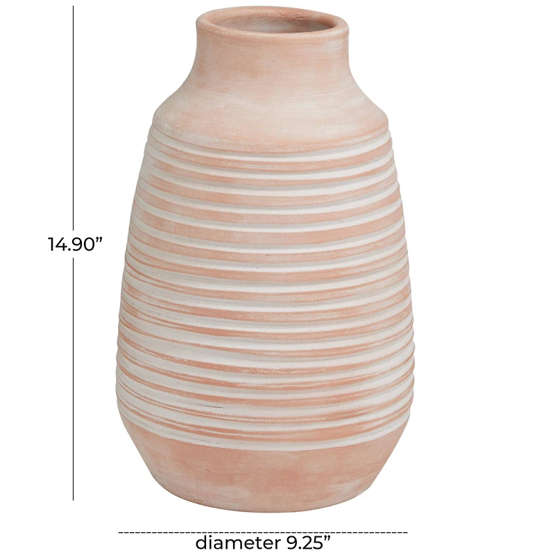 15" Pink Whitewashed Ribbed Terra Cotta Vase