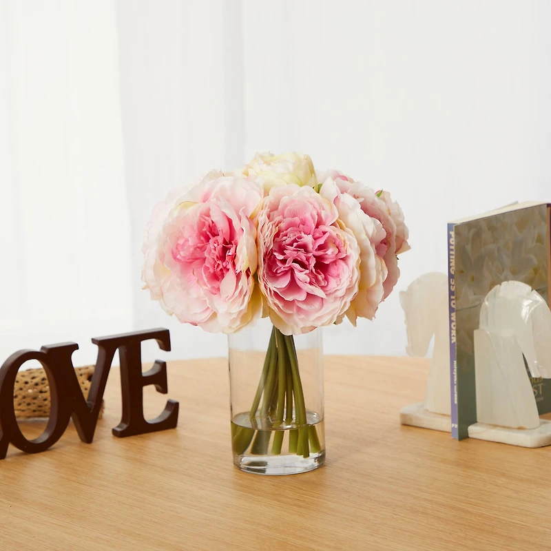 11" Pink Peony Bouquet in Glass Vase