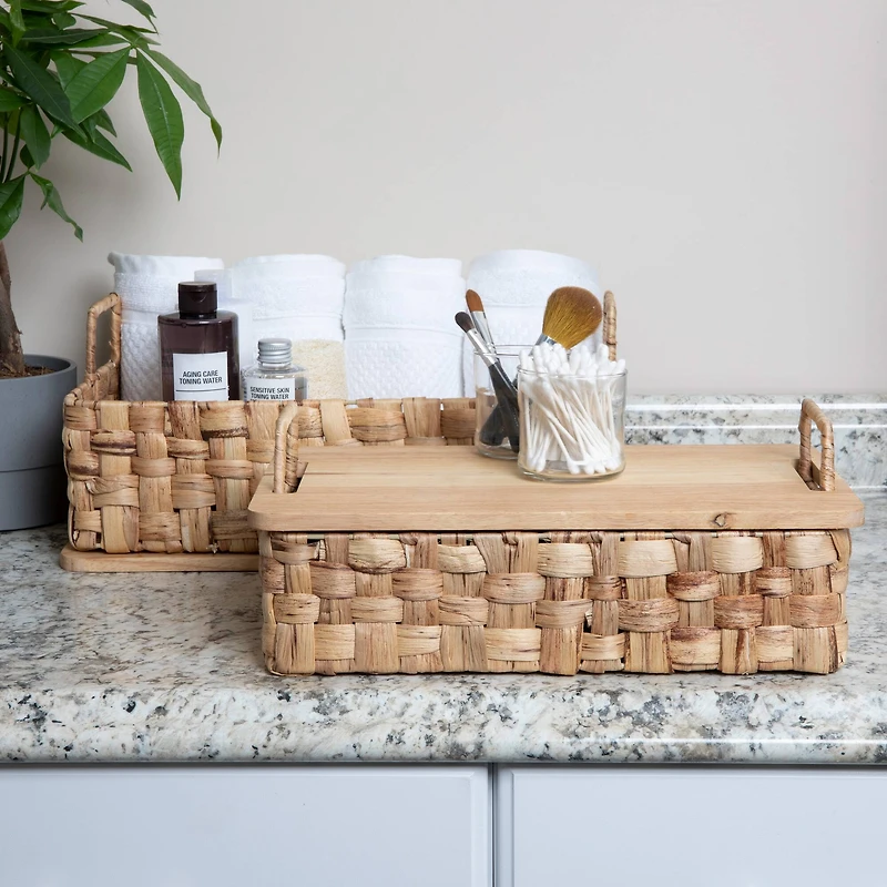 Household Essentials Stackable Hyacinth Basket Set with Oak Lids