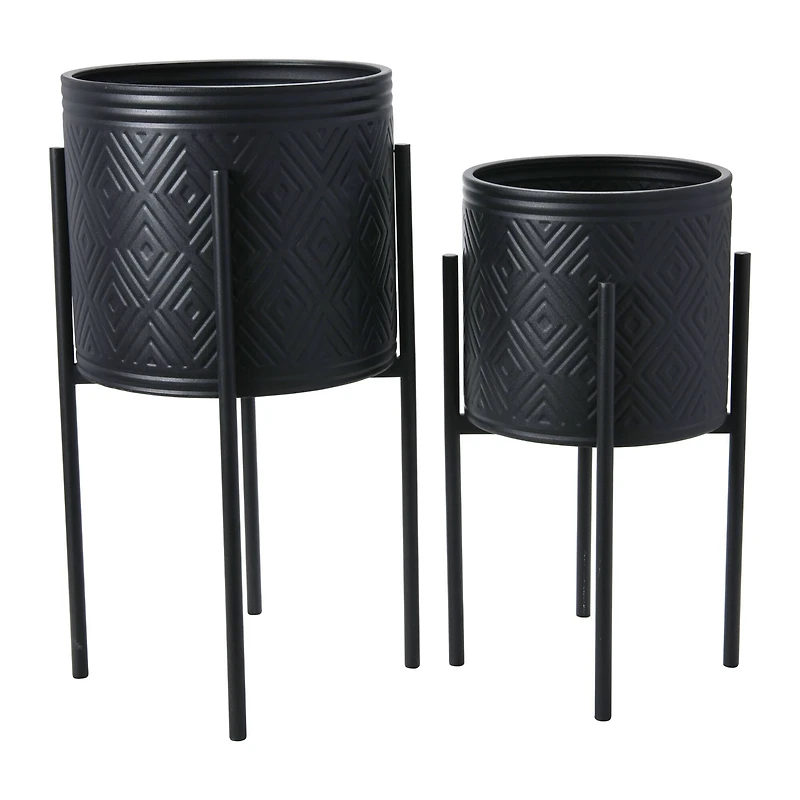 Hello Honey® Matte Black Boho Embossed Metal Planters with Stands Set