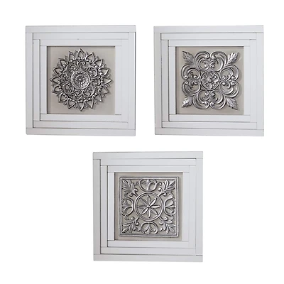 16" White & Silver Mirror Glam Floral Wall Décor Set