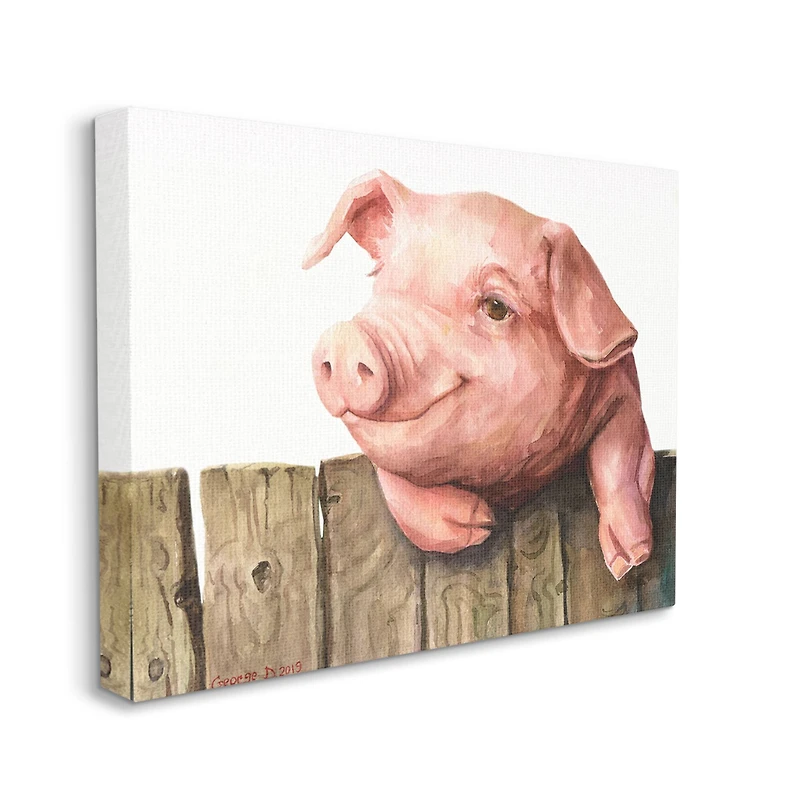 Stupell Industries Piglet on Wooden Fence Pink Farm Animal Canvas Wall Art