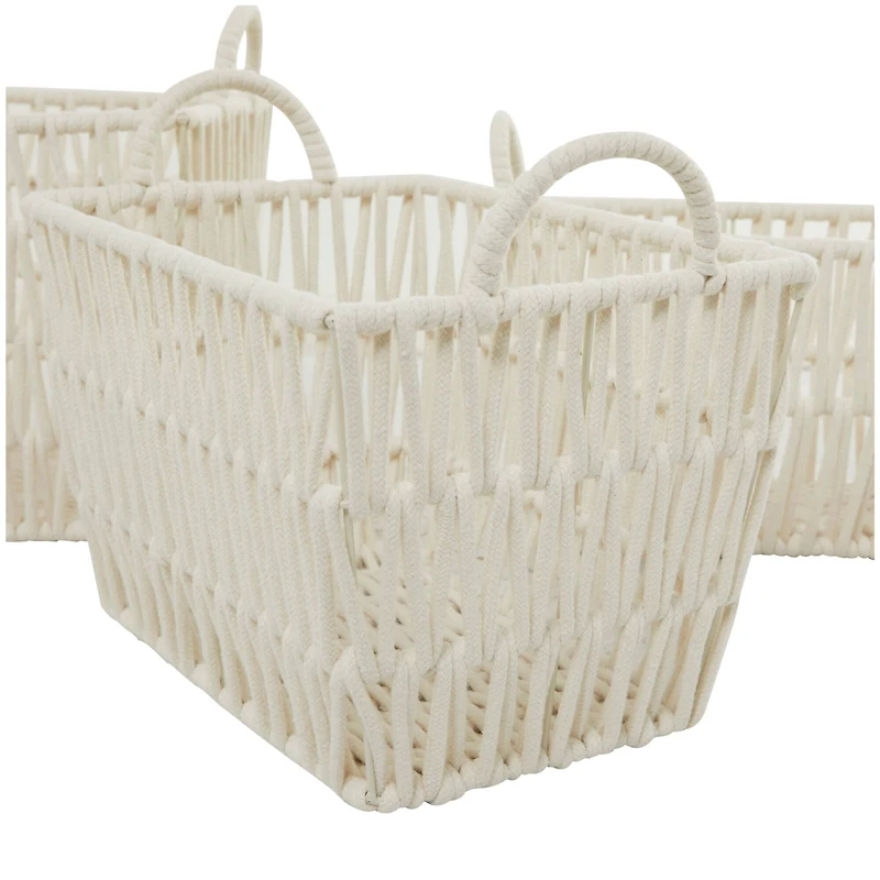 White Cotton Handmade Storage Basket with Handles Set of 3 12", 11", 10"