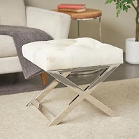 19" Light Gray Leather Geometric Tufted Stool with Metal Base