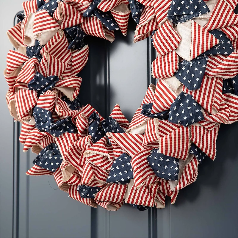Glitzhome® 18.9" Fabric Stripes & Stars Wreath