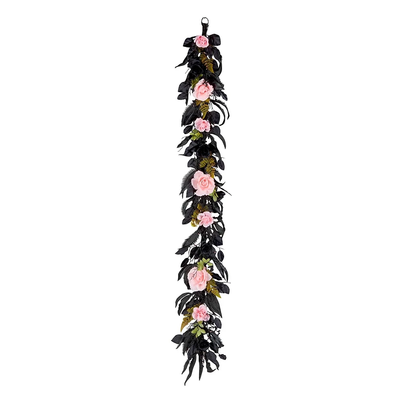 6ft. Cute & Creepy Pink & Black Halloween Flower Pre-Lit LED Garland