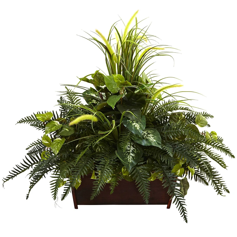 3ft. Mixed Grass & River Fern in Wood Planter