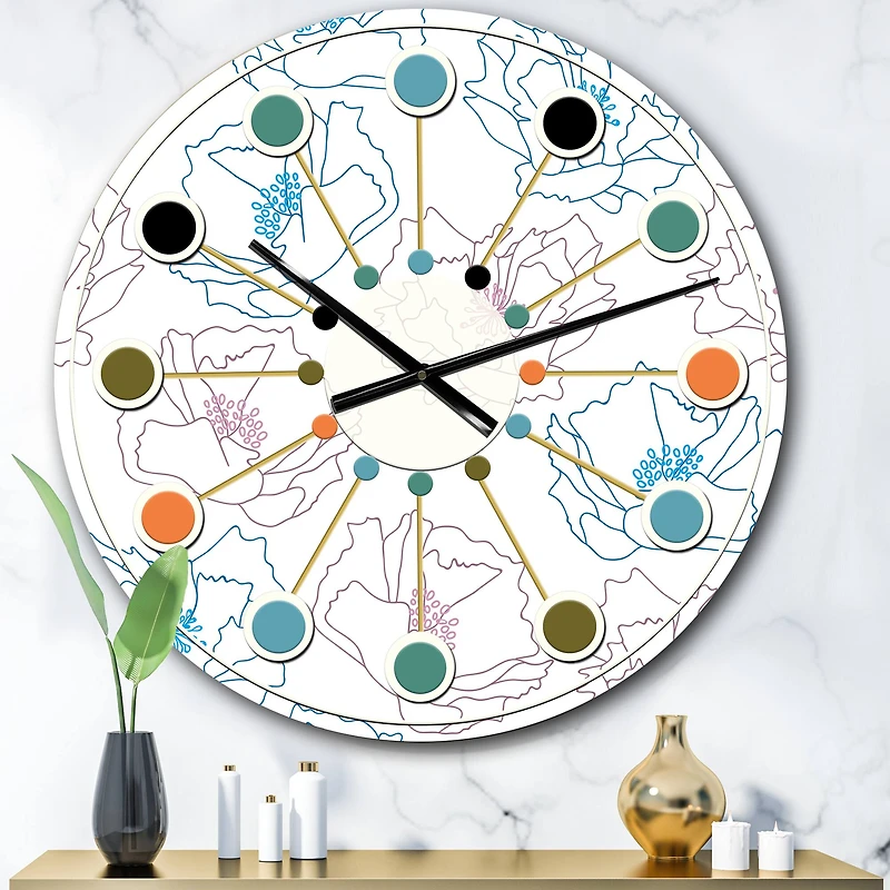 Designart 'Retro Handdrawn Poppies I Mid-Century Modern Wall Clock