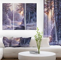 Designart - Winter Forest with the River in Frosty Day