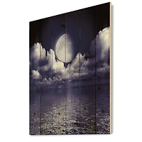 Designart - Full Moon In Cloudy Night Sky V - Nautical & Coastal Print on Natural Pine Wood