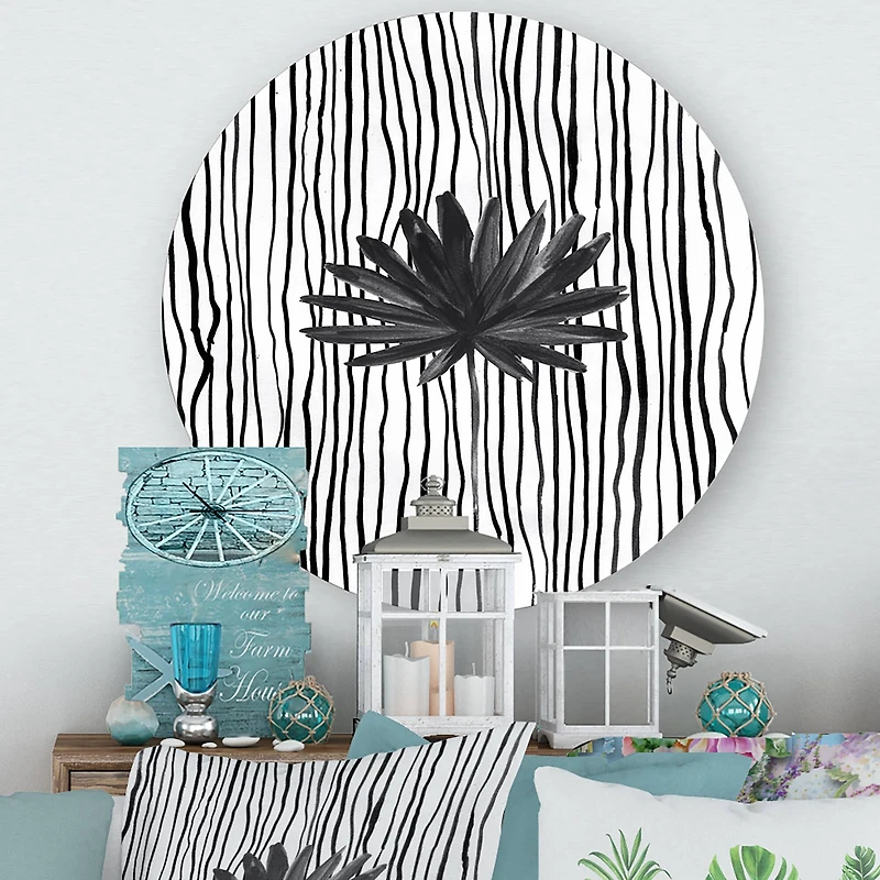 Designart - Black and White Tropical Leaf On Striped III