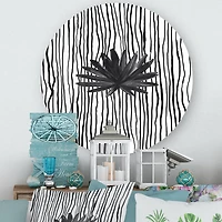 Designart - Black and White Tropical Leaf On Striped III