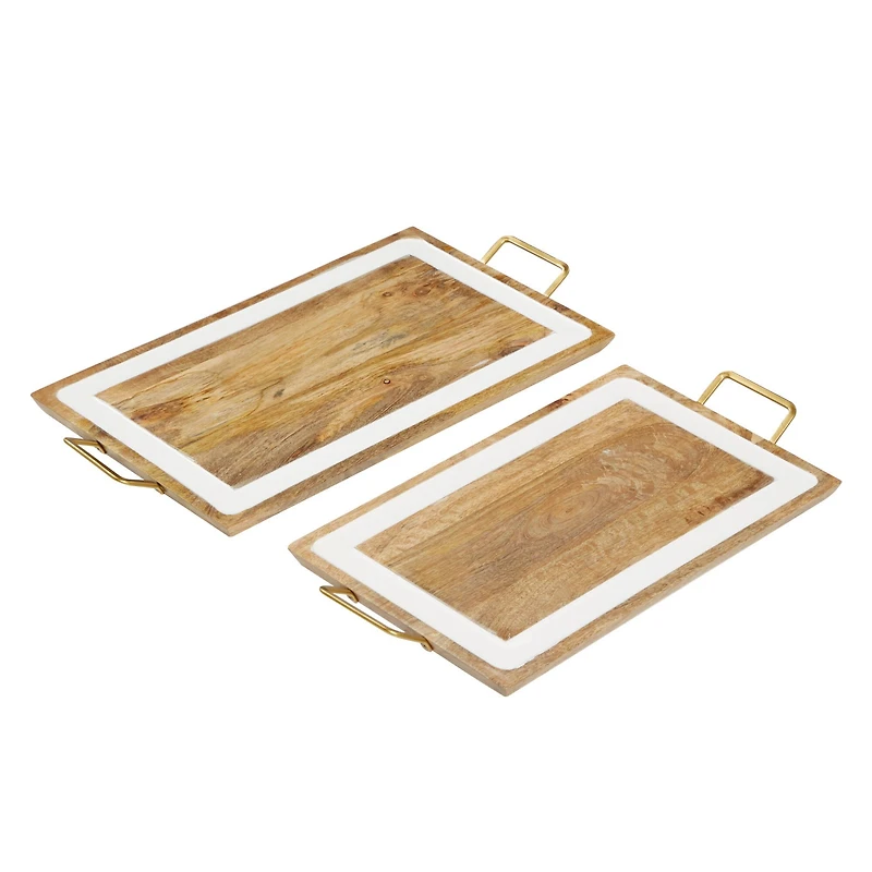 White & Brown Mango Wood Modern Tray Set