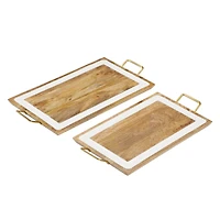 White & Brown Mango Wood Modern Tray Set