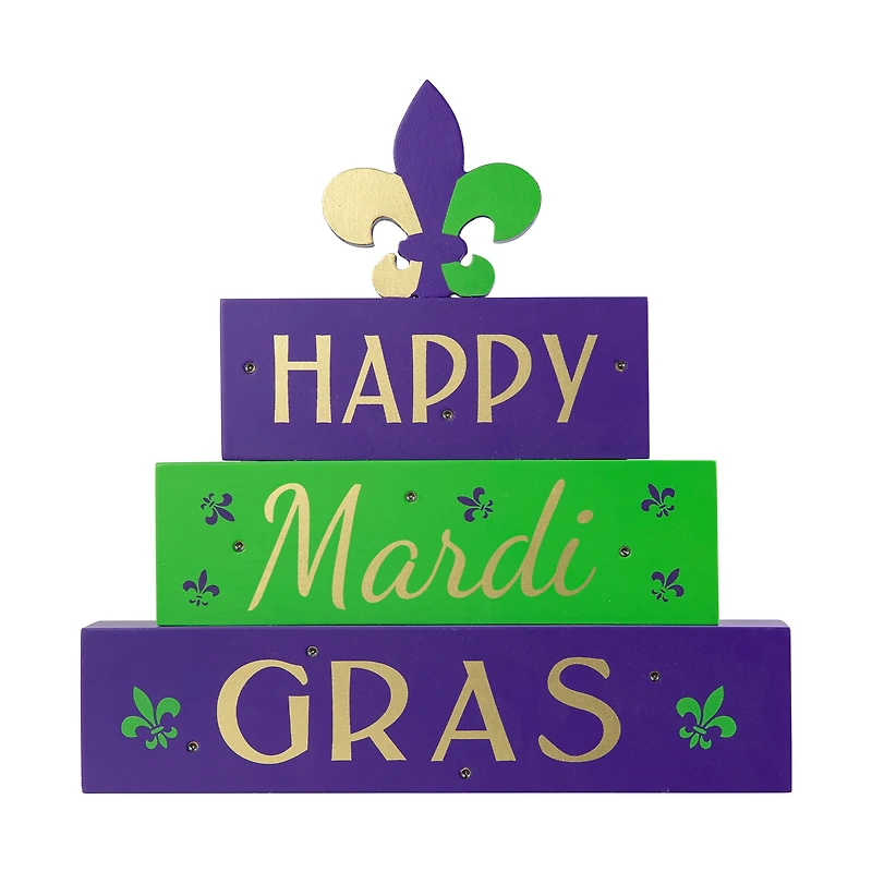 Glitzhome® 11.75" Lighted Mardi Gras Wooden Fleur-de-Lis Block Table Sign