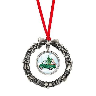 Wreath Ornament With Colorized Quarter Green Vintage Christmas Truck Coin