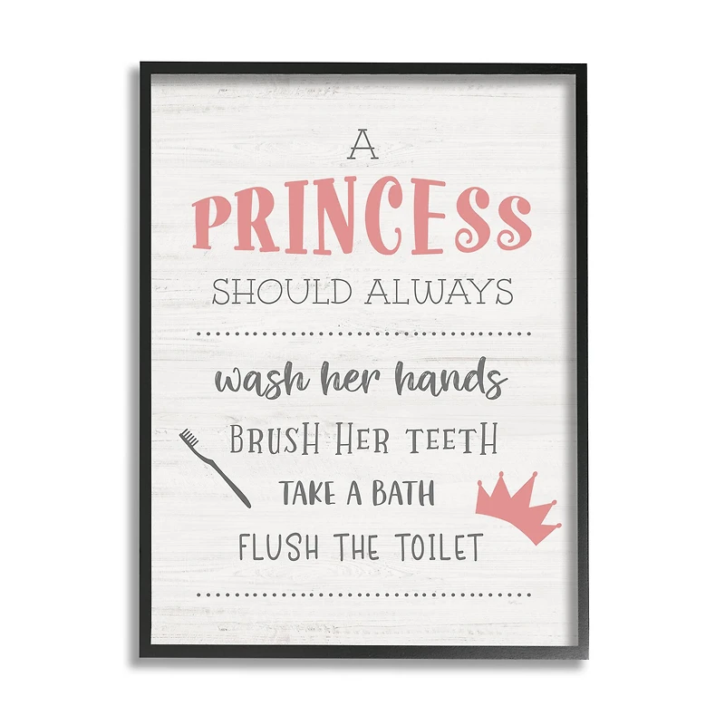 Stupell Industries Princess Bathroom Rules Good Hygiene Phrases Pink Crown Framed Wall Art