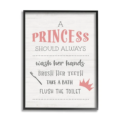 Stupell Industries Princess Bathroom Rules Good Hygiene Phrases Pink Crown Framed Wall Art