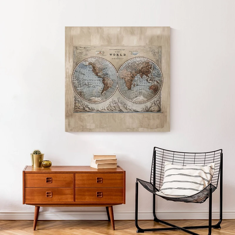 World Map Hemispheres 30" x 30" Canvas Wall Art