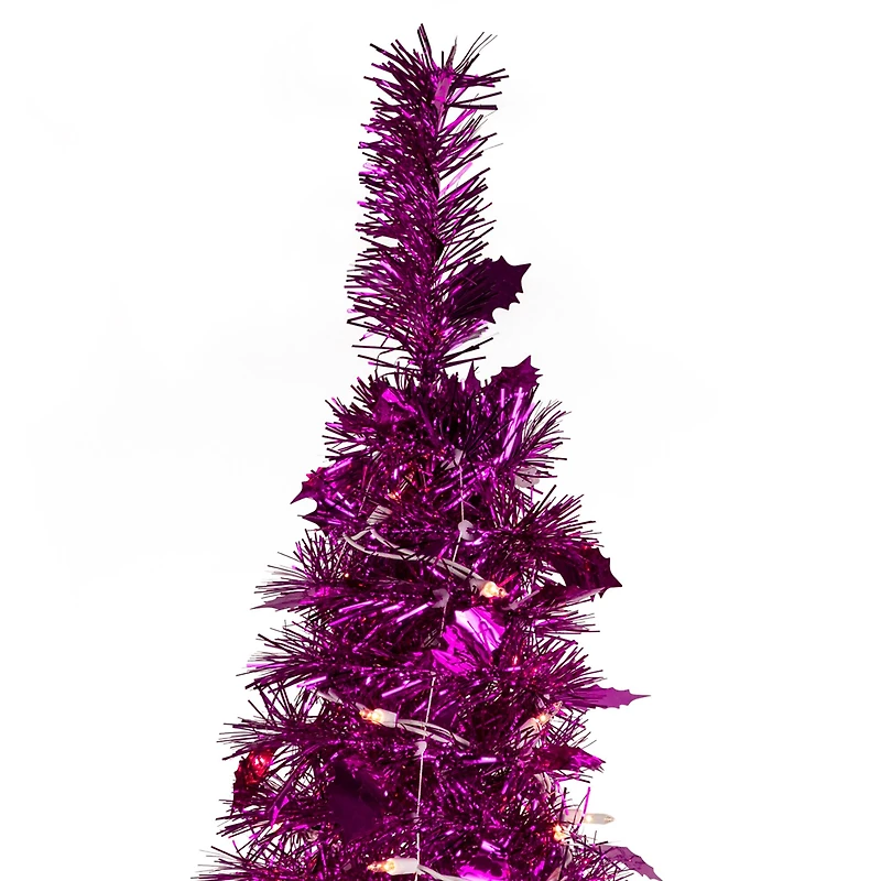 4ft. Pre-Lit Pink Tinsel Pop-Up Artificial Christmas Tree, Clear Lights