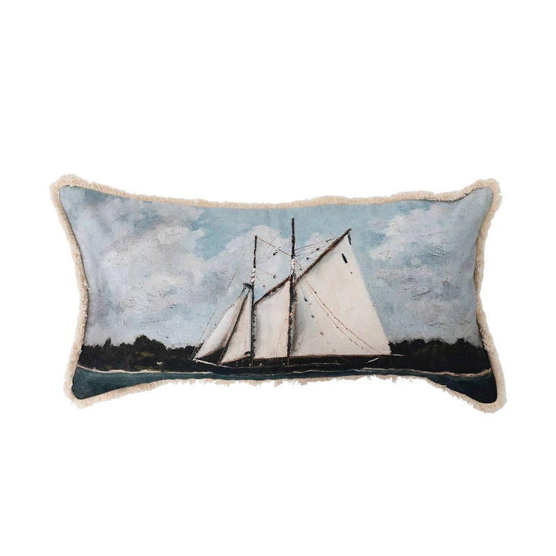 Hello Honey® Sailboat Image Cotton Lumbar Pillow with Fringe
