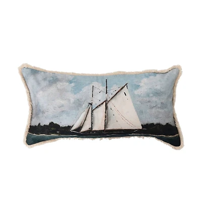 Hello Honey® Sailboat Image Cotton Lumbar Pillow with Fringe
